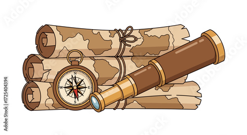 Antique maps, compass, and spyglass; tools for exploration and adventure.