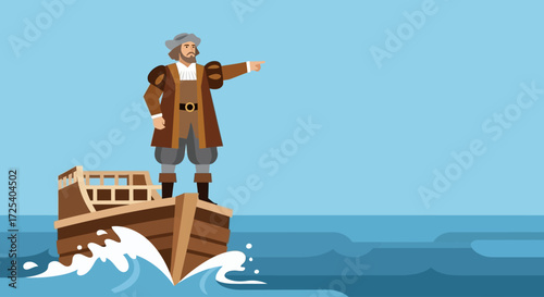 Henry Hudson, a historical explorer, stands on a small ship, pointing towards the horizon, navigating the open sea.
