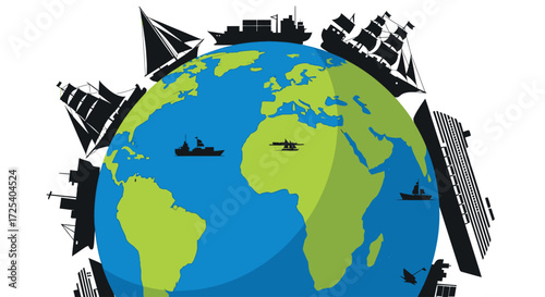 A stylized illustration of planet Earth surrounded by silhouettes of various historical and modern ships, symbolizing global maritime trade and travel.