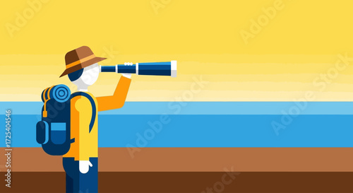 A stylized illustration of a traveler using a telescope, gazing at a distant horizon.