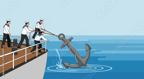 Sailors heave a large anchor overboard from a ship's deck.