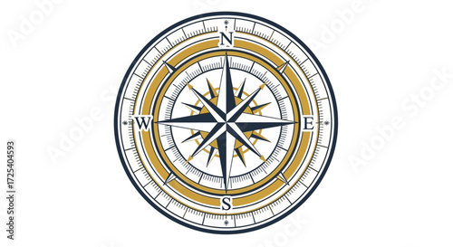 A detailed, ornate compass rose displays cardinal directions and intermediate points, rendered in gold and navy blue on a white background, symbolizing navigation and direction.