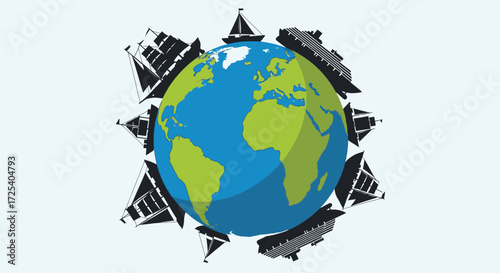 Planet Earth globe encircled by historic sailing vessels and modern cargo ships, symbolizing global maritime trade.