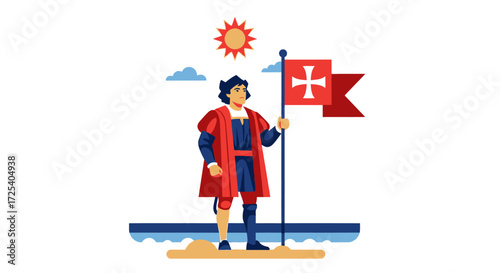Illustration of Christopher Columbus standing on a beach, holding a red flag with a white cross, under a bright sun and blue sky.