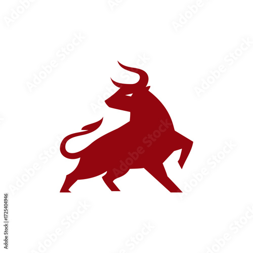 Stylized Red Bull Silhouette on White Background, Powerful Graphic Design