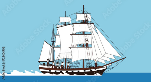 A detailed illustration of a tall sailing ship navigating the ocean, with sailors on deck.