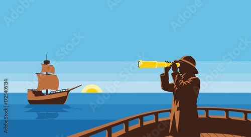 An explorer on a ship's deck observes a distant historical vessel with a spyglass as the sun rises over the ocean.