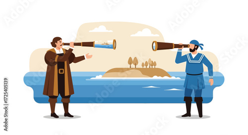 An explorer with a vision of a ship in his spyglass and a sailor look across the sea at an island.