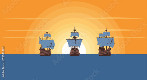 Three historical wooden sailing ships navigate the calm ocean towards a vibrant, setting sun.