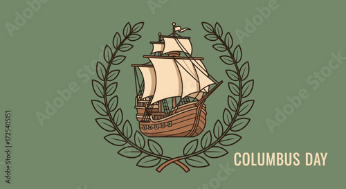 A vintage illustration of a historic sailing ship, possibly the Santa Maria, inside a laurel wreath for Columbus Day.