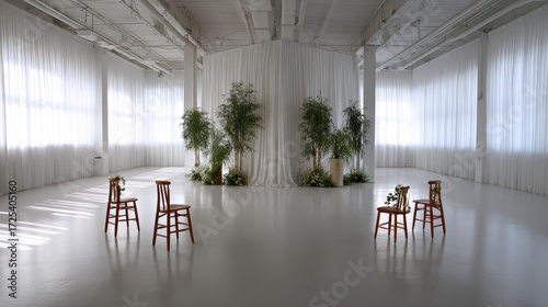 Empty  space with wooden chairs and greenery.