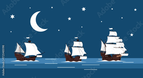 Three sailing ships navigate the ocean under a crescent moon and starry night sky.