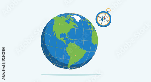 A stylized illustration shows a globe with continents in green and oceans in blue, accompanied by a navigational compass pointing towards the upper right, su...