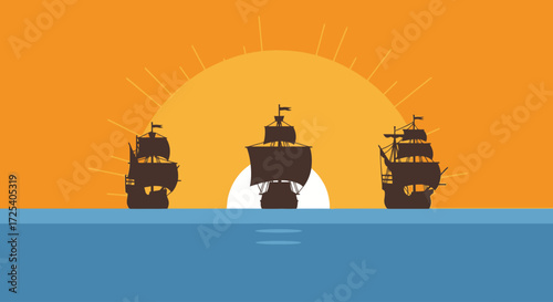 Three historic sailing ships silhouetted against a vibrant orange sunrise over the calm ocean.