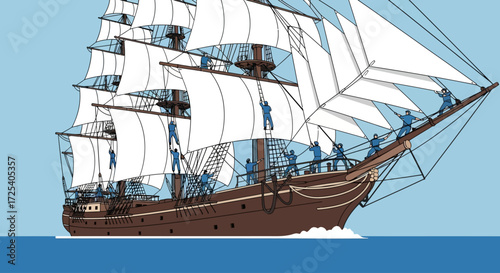 A majestic tall ship with full sails billowing, crew members actively engaged in setting and adjusting rigging on the open sea.