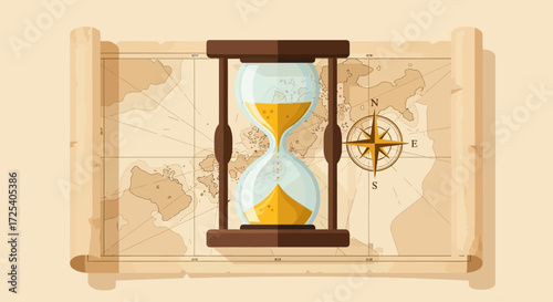 An antique hourglass measuring time against a backdrop of a rolled-up parchment map and a vintage compass rose.