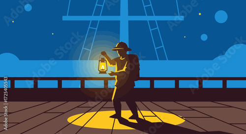 A silhouetted figure on a ship's deck, holding a lantern at night.