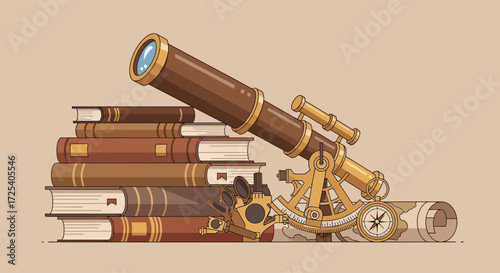 A vintage brass telescope rests atop a stack of old books, accompanied by a sextant and compass, suggesting exploration and scientific discovery.