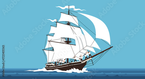 Illustration of a tall sailing ship with white sails on a blue ocean background.