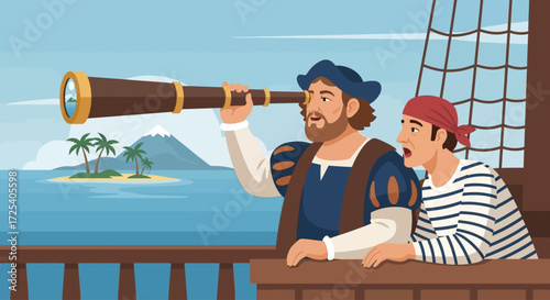 A captain uses a telescope to spot land from a ship, while his crewmate looks on with a surprised expression.
