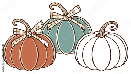Three simple pumpkins in pastel colors with bowties look autumn festive