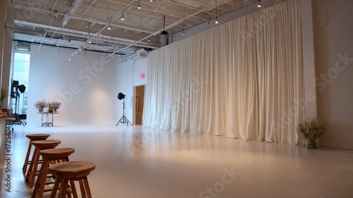 Empty photography  with cream colored drapes.