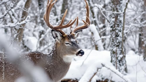 Majestic Buck in Snowy Forest.