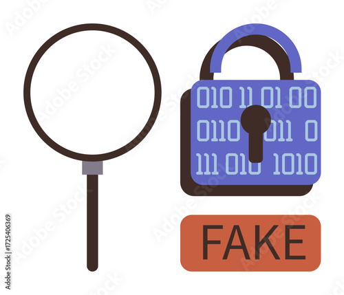 Magnifying glass analyzing digital padlock with binary code and FAKE label. Ideal for fraud detection, cybersecurity, authenticity, online privacy, data integrity, investigation, simple flat metaphor