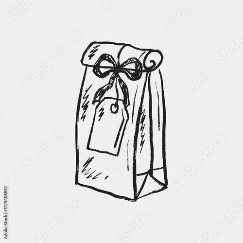 Hand-drawn sketch of a paper bag with a tag and bow, often used for gift wrapping, coffee or tea packaging, or as a small gift bag. Vector sketch illustration in vintage style, cafe design