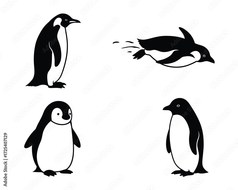Naklejka premium Four hand drawn black and white illustrations of penguins in different poses including standing swimming and waving