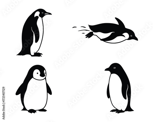 Four hand drawn black and white illustrations of penguins in different poses including standing swimming and waving
