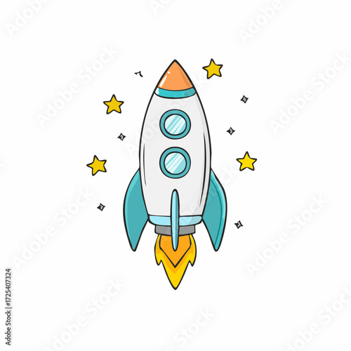 Vibrant cartoon rocket soaring into space with glowing stars, symbolizing innovation, startup growth, and ambitious new beginnings, perfect for inspiring progress and new ventures