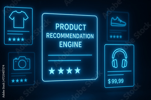 Product recommendation engine neon glowing digital ecommerce personalization system AI shopping suggestion platform retail technology predictive analytics online sales optimization futuristic recommen