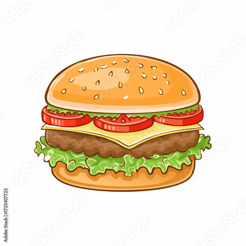 A vibrant and delicious classic hamburger illustration, perfectly layered with fresh ingredients and a savory patty, evoking the timeless appeal of comfort food