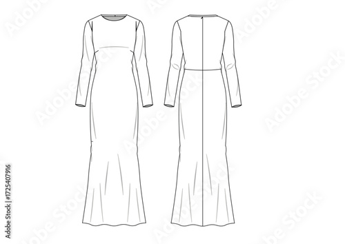 Woman Long Dress With Long Sleeves, Fashion Sketch Template Front & Back Technical Draw  Fashion Illustration