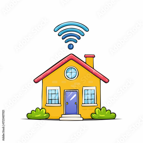 Vibrant cartoon illustration of a cozy yellow house featuring a prominent Wi-Fi signal, symbolizing modern smart home connectivity, internet access, and digital living