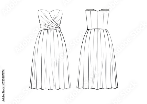 Woman Midi Leg Strapless Dress Without Sleeve, Fashion Sketch Template Front & Back Technical Draw  Fashion Illustration
