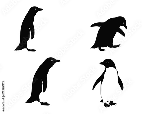 Four distinct penguin silhouettes in various poses on a clean white background showcasing different movements and stances