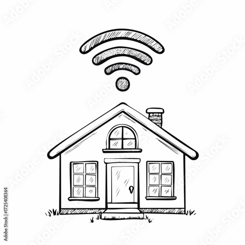 Doodle illustration of a residential building with a wireless signal, symbolizing a connected household and modern technology
