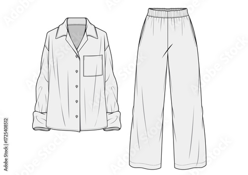 Sleepwear Pajama Set With Button Fashion Sketch Template Technical Draw Fashion Illustration