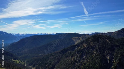 Cinematic 4K Aerial Drone video of flying over Brünnstein mountain in German Alps on a beautiful sunny summer day perfect for hiking with surrounding mountain peaks covered in ice and snow