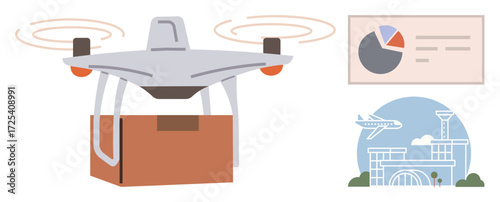 Flying drone carrying box, analytics chart, airport illustration with airplane. Ideal for delivery, logistics, transportation, innovation, business data e-commerce and automation. Simple flat