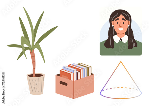 Woman with dark hair and green sweater, tall houseplant, books in storage box, and a labeled cone diagram. Ideal for education, knowledge, personality, nature, math concepts organization