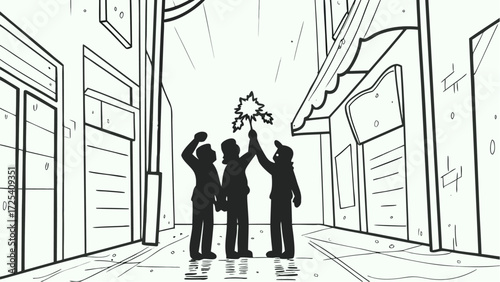 Three silhouetted figures holding up a star in an urban alleyway with buildings on either side