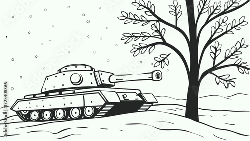 Illustration of a tank in a snowy landscape next to a bare tree with falling snowflakes in the background