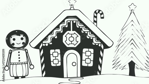 A black and white drawing of a gingerbread house with a christmas tree and a gingerbread person image