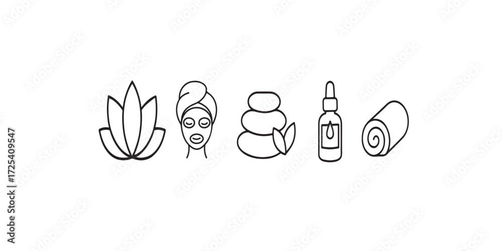 Fototapeta premium Print Elegant beauty spa vector set – lotus flower, face mask, hot stones, aroma oil, towel – clean modern line icons, isolated on white background