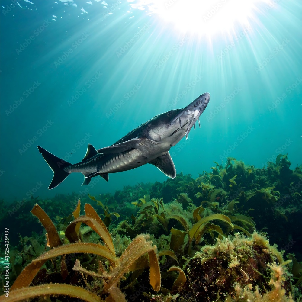 Fototapeta premium Underwater shark in kelp forest