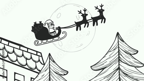 A christmas illustration showing santa claus in his sleigh being pulled by reindeer over a winter landscape