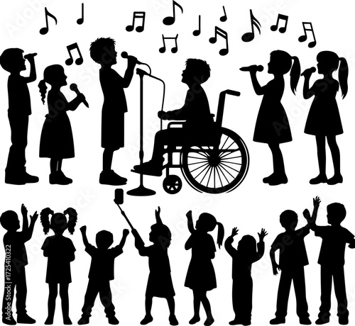 Children singing together with one boy in wheelchair on stage  
